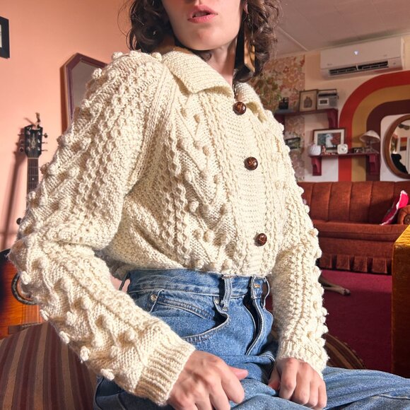 1990s handmade vintage button up wool fishermans aran cardigan! - Picture 10 of 16